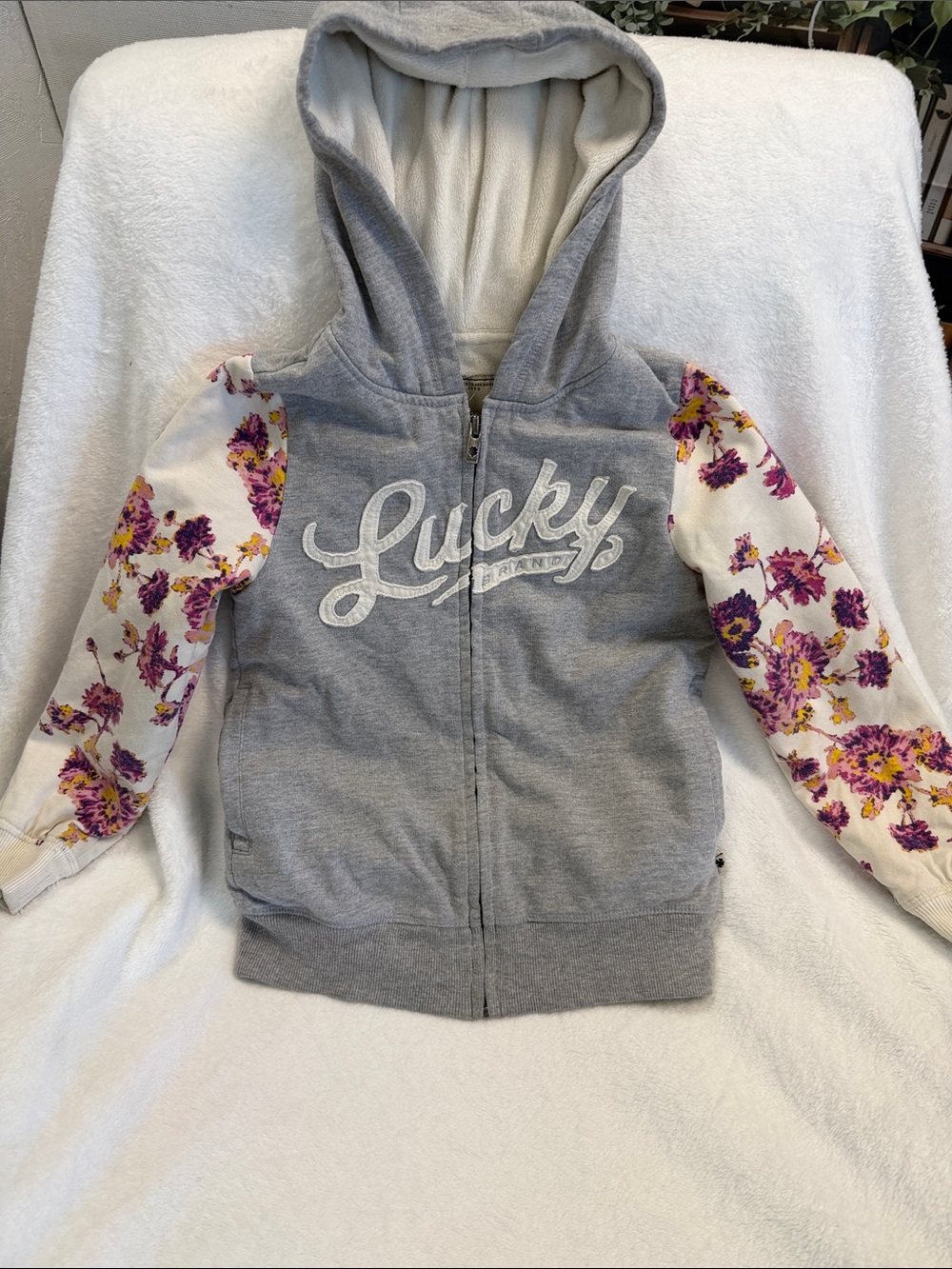 Lucky Brand Gray Hooded Zip Jacket with Floral Sleeves